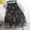 Surmiitro lente zomer 3 lagen lange tule rok vrouwen Koreaanse stijl bloemen mesh hoge taille zon geplooide midi rok vrouw 210712