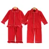 Kids clothing 100% cotton plain cute red pyjamas winter with ruffle baby girl Christmas boutique home wear full sleeve pjs 210908