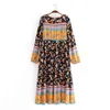 Style de vacances imprimé floral couleur correspondant col multicolore à lacets pull robe ample boho femme jupe longue 210514