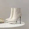 冬の短いブーツ女性デザイナーラウンドトゥブロックHight Heel柔らかい自然な本物のレザーパーティーウェディングファッション高級プラットフォームYN48-B801-1