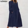 Casual Solid Shirt Dresses Femme Ladies Long Sleeve Sundress VONDA 2021 Solid Dress Women Stylish Retro Ruffle Dresss Robe 5XL X0521