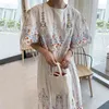 Summer Boho Floral Print Pleated Dress Short Sleeve Women Ankle-Length Elegant O Neck Loose Ladies es 210506