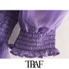 Traf Women Fashion Ruffles Elastic Smocked Cropped Bluses Vintage Square Collar Lantern Sleeve Female Shirts Chic Tops 210415