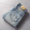 Włoski styl Moda Mężczyźni Dżinsy Wysokiej Jakości Retro Niebieski Slim Fit Ripped Patchwork Designer Vintage Casual Denim Spodnie
