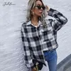 Koszule Dla Kobiet Moda Nowy Luźny Dorywczo Czarno-biały Plaid Checked Button Up Collared Bluzyki Tops Kurtka Jesień Zima 210415