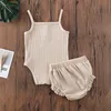 Baby Designs Clothing Sets Infant Girls Suspender Tops Shorts Solid Striped Jumpsuits Ruffle Children Outfits HHC7037
