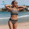 Beachsissi moda cintura alta traje de baño leopardo bikinis traje de baño ropa de playa trajes de baño bikini conjunto vacaciones de verano 210621