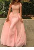 Modern Offtheshoulder Mermaid Tulle Evening Dress Floorlength Lace Applique Short Sleeves Peach Prom Dress robe de bal princess6679587