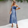 ネクタイ染料プリントセクシーストラップレス女性のドレス夏のファッションフリルショルダーストラップノースリーブスリムボヘミアビーチマキシサンドレス210522