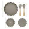 4 pièces en Silicone de qualité alimentaire bébé Silicone vaisselle ventouse bol assiette à dîner manche en bois Silicone fourchette cuillère G1210