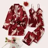 Satin Silk Pijamas Set Crane Print Kvinnor Nattdrelingerie Robes Underkläder Sleepwear Sexig Loungewear Robe Pizama Damska X0526