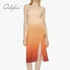 Summer Streetwear Women Satin Slip Spaghetti Strap Fashion Print Silk Sexy Split Party Dress 210415