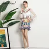 Mody Runway Summer Print Spirts Garnitur Kobiety Biały Z Długim Rękawem Koszula i Wysoka Talia Vintage Mini 2 sztuki 210524