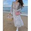 2021 Höst Elegant Floral Sundresses Kvinnor Långärmad Vintage Party Midi Dress Ladies Chiffon Beach One Piece Dress Korea Chic Y1204