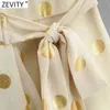 Vrouwen Vintage Cross V-hals Polka Dots Gilden Boog Tie Midi Jurk Femme Chic Puff Sleeve Zomer Wrap Kimono Vestido DS8170 210416