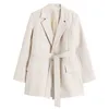 [EAM] Dames Abrikoos Korte Bandage Leisure Blazer Revers Lange Mouw Losse Fit Jas Mode Lente Herfst 1x791 211006