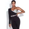 Winter Women Black Sequins Maxi Jumpsuits Sexy One Shoulder Long Sleeve& Full Pants Club Bodysuit Rompers Jumpsuit 210423