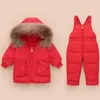 Enfants vers le bas vêtements ensembles 2021 véritable col de fourrure enfants hiver doudoune enfant en bas âge filles chaud salopette bébé garçons vers le bas manteau H0909