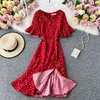 Coreano rojo elegante vestido Sexy mujer verano playa cuello pico lunares Midi cola de pez cintura Split Vestidos ropa 210420
