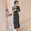 Uzun Maxi Kore Bayanlar Güz Kollu Ekip Boyun Örme Ofis Kadınlar Için Seksi Parti Elbise Çin Giyim 210602
