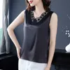 Kore Moda İpek Kadınlar Tank Top Dantel Saten Kolsuz S Artı Boyutu XXXL Siyah 210604 için