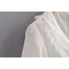 ヴィンテージステッチレースのフリルダブルブレストボタンシャツのドレスレトロなラペル半袖ミニショートドレスvestido 210429