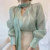 Nieuw design damesglanzende stof Koreaanse mode blouse shirt met lange mouwen