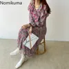 Nomikuma ankomst v nacke full ärm vintage klänning ruffle patchwork blommig tryck elegant koreanska klänningar mode vestido 3a554 210514