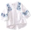 Vanovichファッションシャツの女性夏の刺繍の綿の女性のブラウスとトップスVネックカジュアル服210615