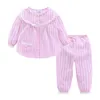 Mudkingdom Boutique meninas pijama conjuntos primavera outono laço bonito coração listrado criança pijama kids sleepwear roupa de dormir 210615