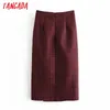 Women Red Plaid Midi Skirt Faldas Mujer Vintage Zipper Office Ladies Elegant Chic Mid Calf Skirts QN12 210416