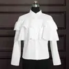 Blouse blanche à col rabattu à volants à manches longues de couleur unie bureau dame chemises tops femmes mode plus chemisiers de taille XXL 210527