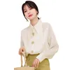 Herfst mode koreaanse stijl vrouwen witte blouse grote turn-down kraag ontwerp knop retro chiffon shirts vrouwelijke tops D526 210512