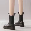 Botas outono inverno couro genuíno de soled grossa poster mulheres tornozelo castanha plana plataforma lisa cinto elástico sapatos 5.5cm