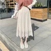 Moda Midi Damska Spódnica Hollow Out Lace Koreański Dorywczo Linia Prosta Długa Elegancka Ulica Ol Faldas Mujer 210506