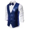 Shiny Gold Sequin Springling Vest Mannen Slanke Fit V-hals 2 Stuks Herenvest met Bowtie Bruiloft Party Stage Prom Costume Gilet 210522