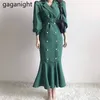 Mode Frauen Maxi Solide Kleid Eleagnt Büro Dame Chic Koreanische Bodycon Kleider Schlanke Zweireiher Vestidos 210601