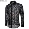 Luxury Floral Embroidery Lace Shirt Men Brand Transparent Sexy Dress s Mens See Trough Club Party Black Male 210809
