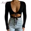 Artsu rood zwart roze bandage v-hals voorste tie omhoog top vrouwen lange mouw skinny sexy crop tops streetwear vrouwelijk gesneden tee shirt Y0629