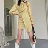 Gelbgold Puffärmel Glitzerkleid Frauen Lange Satin Tunika Damen Mini Asymmetrische koreanische Mode 210427