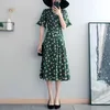 Zomer Vintage Groene Print Back Tie Chiffon V-hals Korte mouwen Slanke Lange Midi Wrap Tea Dress Casual 2021 Q0712