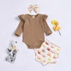 Barnkläder Ställer Tjejer Outfits Infant Toddler Flyga Sleeve Romper Toppar + Sun Sunflower Print Shorts + Headband 3pcs / Set Summer Fashion Boutique Baby Kläder