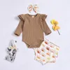 Zestawy odzieżowe Dzieci Dziewczyny Stroje Dla Niemowląt Toddler Latający Rękaw Romper Topy + Sunflower Słonecznika Szorty + Pałąk 3 sztuk / Ustaw Summer Fashion Boutique Baby Odzież