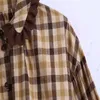 Za Plaid Ruffle Applique Shirt Kvinnor Long Puff Sleeve Tappning Kontrollera Blus Kvinna Chic Front Button Streetwear Casual Toppar 210602