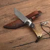 En Kaliteli Survival Düz Bıçak VG10 Şam Çelik Damla Nokta Bıçak Tam Tang Horn + Çelik Kafa Kolu Deri Kılıf Ile Sabit Bıçaklar Bıçaklar