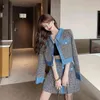 Outono vintage elegante tweed 2 pedaço conjunto mulheres manga longa denim patchwork único casaco breasted + mini saia outfits coreano 210513