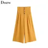 Women Summer Wide Leg Pants Holiday Bohemian Solid Buttons Loose Pleated Streetwear Ladies Casual Trousers 210515