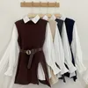 Autumn Winter Women's Shirt Vest Two Piece Set Lantern Sleeve Lapel Knitted Top Sets GD592 210506