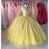 2023 Yellow Lace Flowers Quinceanera Dresses With Cap Tulle Pearls Spaghetti Strapless Lace-up Ball Gowns Formal Dress Sweet 15 162565