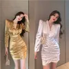 Sonbahar Yeni Tasarım Kadınlar Seksi Derin V-Neck Puff Uzun Kollu Saten Parlak Kumaş Saplamış Bodycon Tunik Kalem Elbise